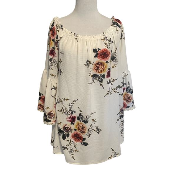 Umgee NEW Off Shoulder Bell Sleeve Top Womens XL Ivory Floral Flowy Boho NWT - Picture 2 of 9